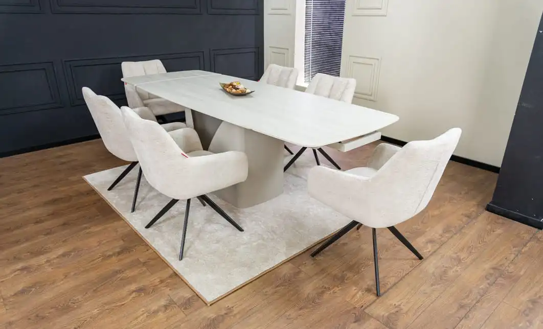Set Masă Living Extensibilă DTM0405CS Blat Ceramic Bej cu 6 Scaune Rotative DCM0112 Bej 4