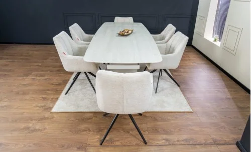 Set Masă Living Extensibilă DTM0405CS Blat Ceramic Bej cu 6 Scaune Rotative DCM0112 Bej