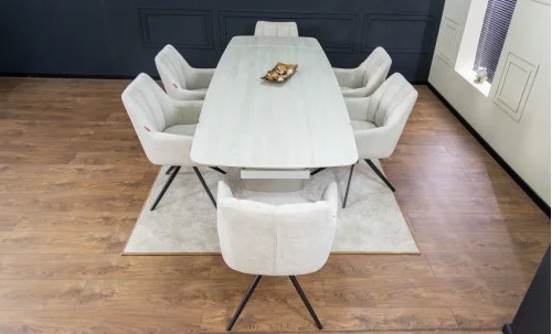 Set Masă Living Extensibilă DTM0405CS Blat Ceramic Bej cu 6 Scaune Rotative DCM0112 Bej