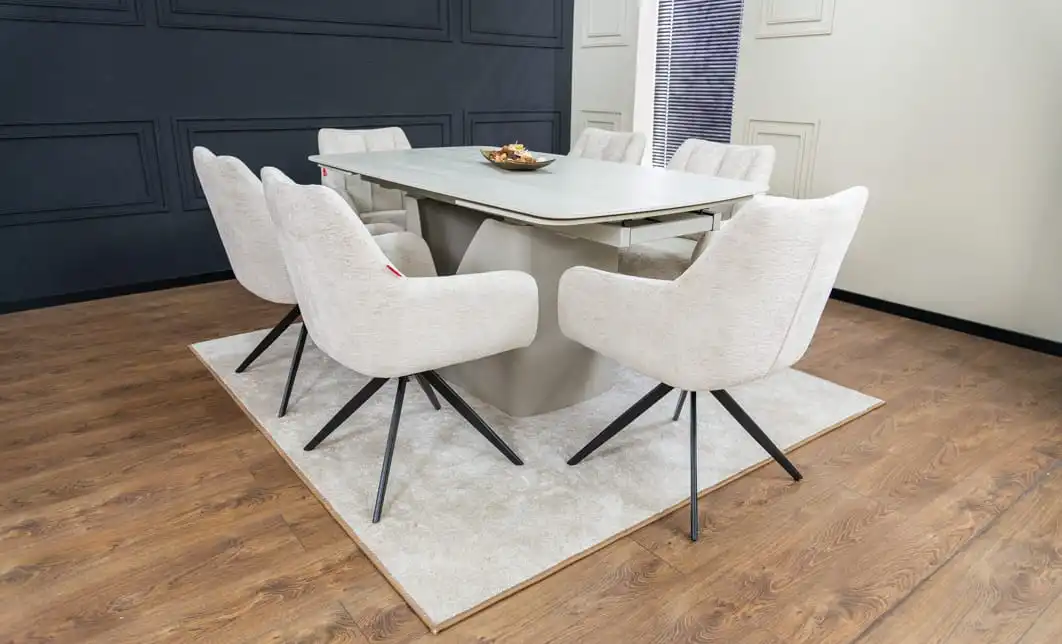 Set Masă Living Extensibilă DTM0405CS Blat Ceramic Bej cu 6 Scaune Rotative DCM0112 Bej 2