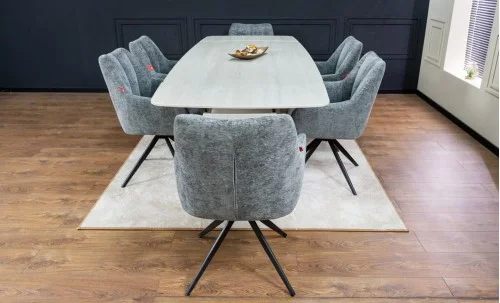 Set Masă Living Extensibilă DTM0405CS Blat Ceramic Bej cu 6 Scaune Rotative DCM0112 Gri