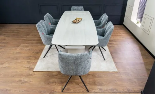 Set Masă Living Extensibilă DTM0405CS Blat Ceramic Bej cu 6 Scaune Rotative DCM0112 Gri