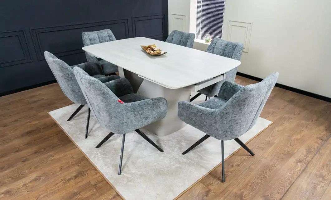 Set Masă Living Extensibilă DTM0405CS Blat Ceramic Bej cu 6 Scaune Rotative DCM0112 Gri 4