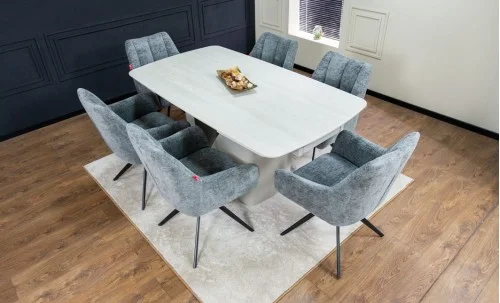 Set Masă Living Extensibilă DTM0405CS Blat Ceramic Bej cu 6 Scaune Rotative DCM0112 Gri