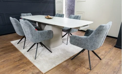 Set Masă Living Extensibilă DTM0405CS Blat Ceramic Bej cu 6 Scaune Rotative DCM0112 Gri