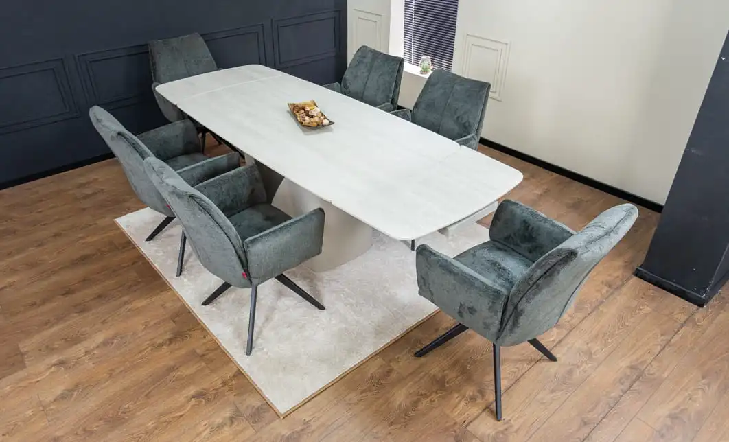 Set Masă Living Extensibilă DTM0405CS Bej cu 6 Scaune DCM0601AS Gri Închis 1