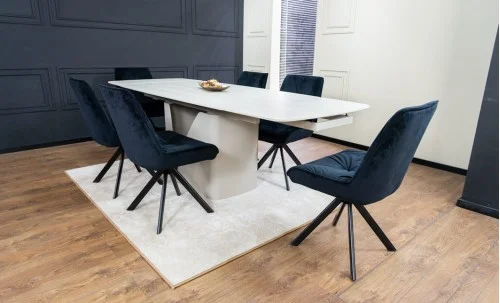 Set Masă Living Extensibilă DTM0405CS Blat Ceramic Bej cu 6 Scaune Rotative KJC356 Negre