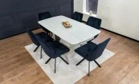 Set Masă Living Extensibilă DTM0405CS Blat Ceramic Bej cu 6 Scaune Rotative KJC356 Negre 1