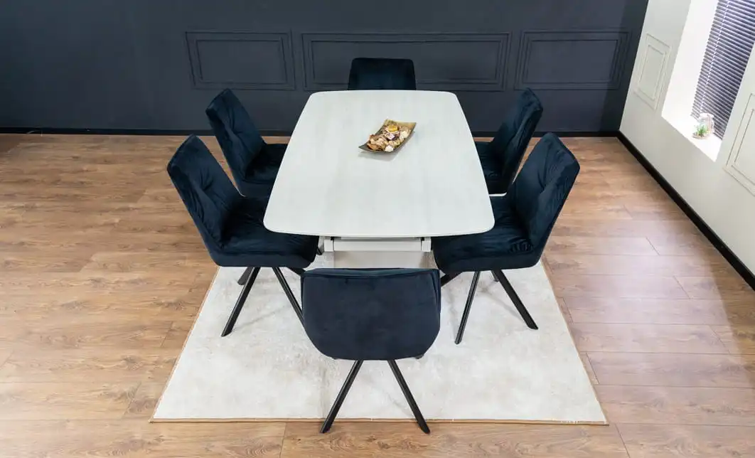 Set Masă Living Extensibilă DTM0405CS Blat Ceramic Bej cu 6 Scaune Rotative KJC356 Negre 9