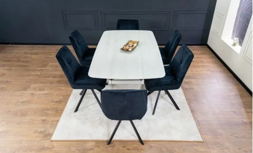 Set Masă Living Extensibilă DTM0405CS Blat Ceramic Bej cu 6 Scaune Rotative KJC356 Negre