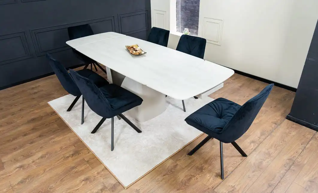 Set Masă Living Extensibilă DTM0405CS Blat Ceramic Bej cu 6 Scaune Rotative KJC356 Negre 5