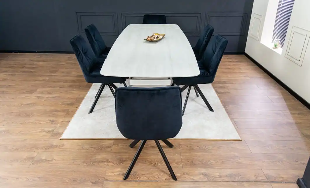Set Masă Living Extensibilă DTM0405CS Blat Ceramic Bej cu 6 Scaune Rotative KJC356 Negre 6