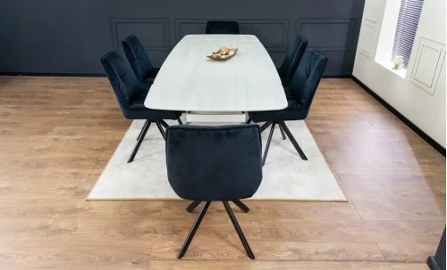 Set Masă Living Extensibilă DTM0405CS Blat Ceramic Bej cu 6 Scaune Rotative KJC356 Negre