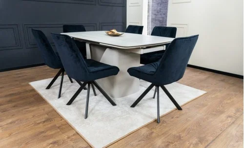Set Masă Living Extensibilă DTM0405CS Blat Ceramic Bej cu 6 Scaune Rotative KJC356 Negre