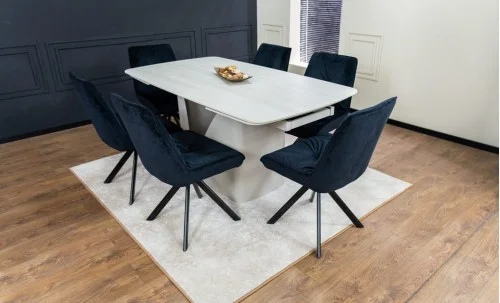 Set Masă Living Extensibilă DTM0405CS Blat Ceramic Bej cu 6 Scaune Rotative KJC356 Negre