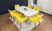 Set Masă Living Extensibilă DTM0405CS Blat Ceramic Bej cu 6 Scaune Tapițate KJC38 Galbene 4