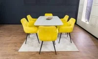 Set Masă Living Extensibilă DTM0405CS Blat Ceramic Bej cu 6 Scaune Tapițate KJC38 Galbene 8