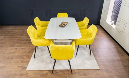 Set Masă Living Extensibilă DTM0405CS Blat Ceramic Bej cu 6 Scaune Tapițate KJC38 Galbene