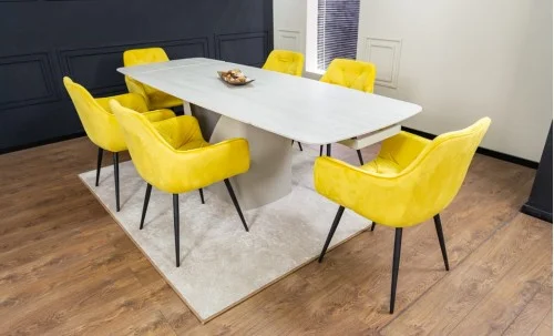 Set Masă Living Extensibilă DTM0405CS Blat Ceramic Bej cu 6 Scaune Tapițate KJC38 Galbene