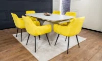 Set Masă Living Extensibilă DTM0405CS Blat Ceramic Bej cu 6 Scaune Tapițate KJC38 Galbene 3