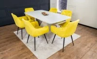 Set Masă Living Extensibilă DTM0405CS Blat Ceramic Bej cu 6 Scaune Tapițate KJC38 Galbene 2