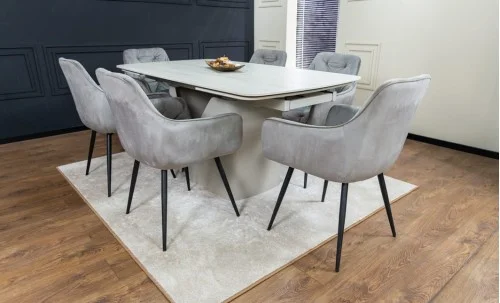 Set Masă Living Extensibilă DTM0405CS Blat Ceramic Bej cu 6 Scaune Tapițate KJC38 Gri