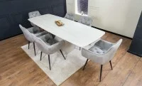 Set Masă Living Extensibilă DTM0405CS Blat Ceramic Bej cu 6 Scaune Tapițate KJC38 Gri