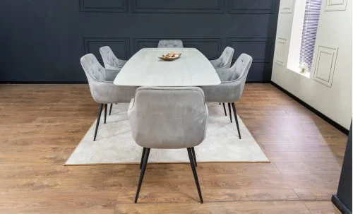 Set Masă Living Extensibilă DTM0405CS Blat Ceramic Bej cu 6 Scaune Tapițate KJC38 Gri