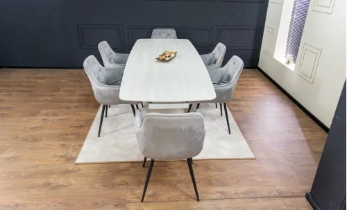 Set Masă Living Extensibilă DTM0405CS Blat Ceramic Bej cu 6 Scaune Tapițate KJC38 Gri