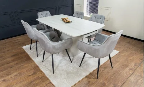 Set Masă Living Extensibilă DTM0405CS Blat Ceramic Bej cu 6 Scaune Tapițate KJC38 Gri