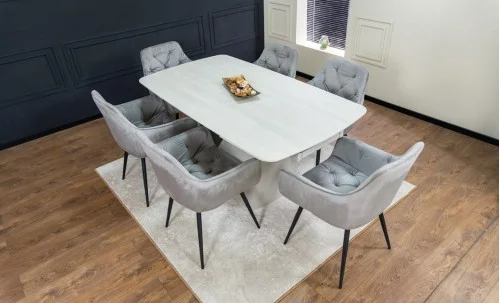 Set Masă Living Extensibilă DTM0405CS Blat Ceramic Bej cu 6 Scaune Tapițate KJC38 Gri