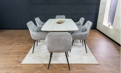 Set Masă Living Extensibilă DTM0405CS Blat Ceramic Bej cu 6 Scaune Tapițate KJC38 Gri