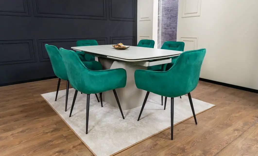 Set Masă Living Extensibilă DTM0405CS Blat Ceramic Bej cu 6 Scaune Tapițate KJC38 Verzi 3