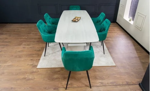 Set Masă Living Extensibilă DTM0405CS Blat Ceramic Bej cu 6 Scaune Tapițate KJC38 Verzi