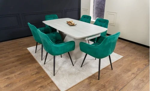 Set Masă Living Extensibilă DTM0405CS Blat Ceramic Bej cu 6 Scaune Tapițate KJC38 Verzi