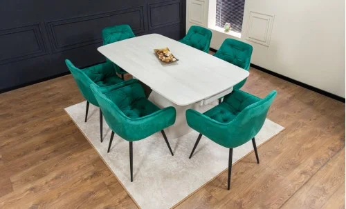Set Masă Living Extensibilă DTM0405CS Blat Ceramic Bej cu 6 Scaune Tapițate KJC38 Verzi