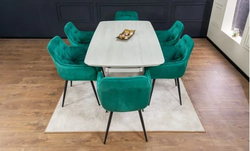 Set Masă Living Extensibilă DTM0405CS Blat Ceramic Bej cu 6 Scaune Tapițate KJC38 Verzi