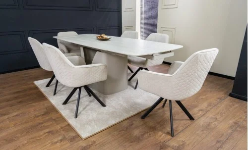 Set Masă Living Extensibilă DTM0405CS Blat Ceramic Bej cu 6 Scaune Rotative KJC3846 Bej