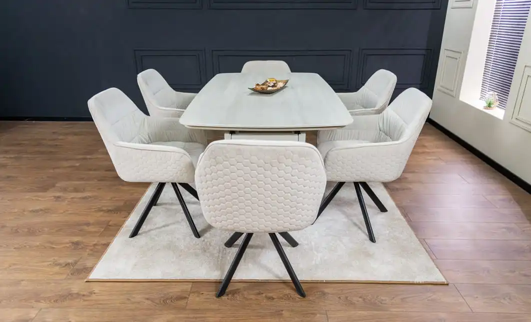 Set Masă Living Extensibilă DTM0405CS Blat Ceramic Bej cu 6 Scaune Rotative KJC3846 Bej 8