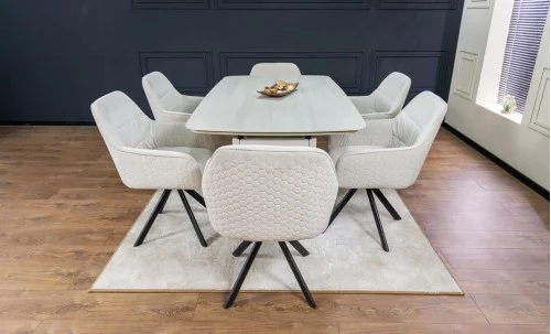 Set Masă Living Extensibilă DTM0405CS Blat Ceramic Bej cu 6 Scaune Rotative KJC3846 Bej