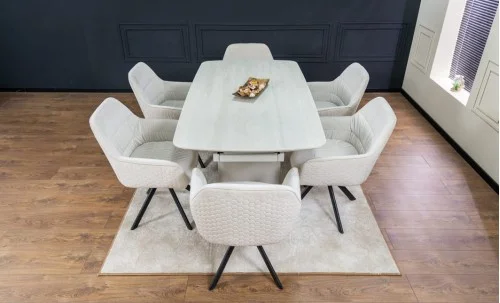 Set Masă Living Extensibilă DTM0405CS Blat Ceramic Bej cu 6 Scaune Rotative KJC3846 Bej