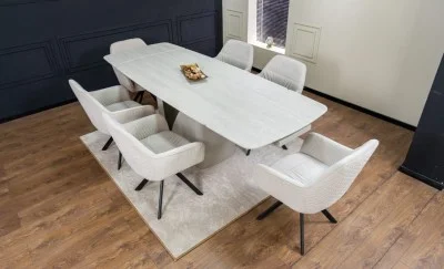 Set Masă Living Extensibilă DTM0405CS Blat Ceramic Bej cu 6 Scaune Rotative KJC3846 Bej