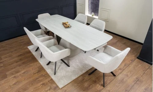 Set Masă Living Extensibilă DTM0405CS Blat Ceramic Bej cu 6 Scaune Rotative KJC3846 Bej