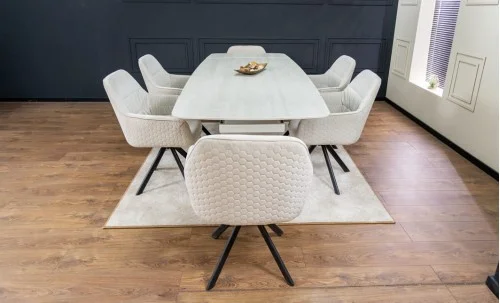 Set Masă Living Extensibilă DTM0405CS Blat Ceramic Bej cu 6 Scaune Rotative KJC3846 Bej