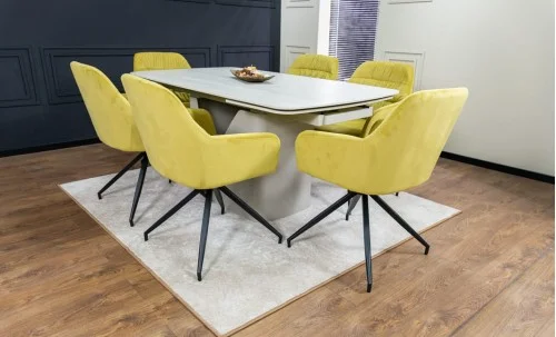 Set Masă Living Extensibilă DTM0405CS Blat Ceramic Bej cu 6 Scaune Rotative KJC4345 Muștar
