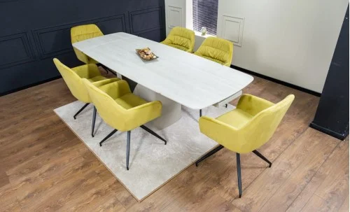 Set Masă Living Extensibilă DTM0405CS Blat Ceramic Bej cu 6 Scaune Rotative KJC4345 Muștar