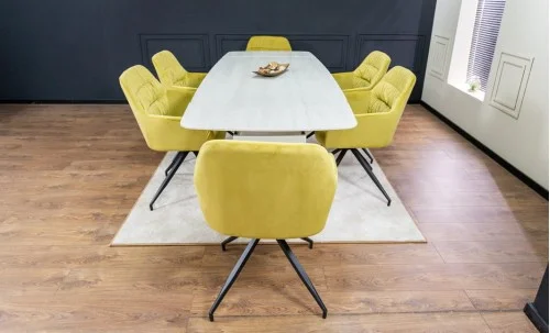 Set Masă Living Extensibilă DTM0405CS Blat Ceramic Bej cu 6 Scaune Rotative KJC4345 Muștar