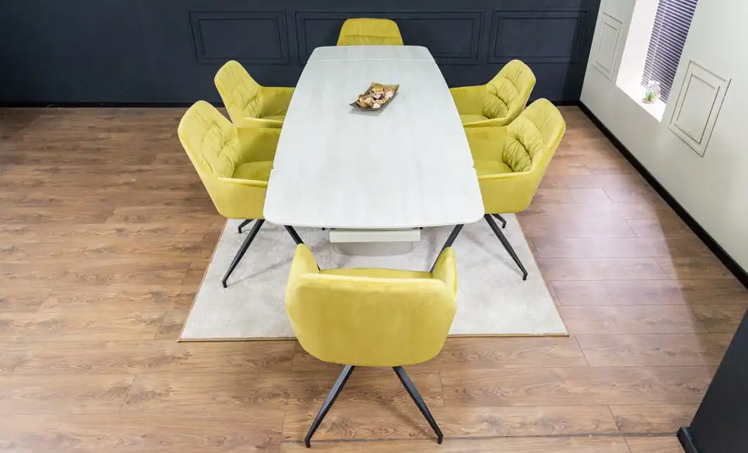 Set Masă Living Extensibilă DTM0405CS Blat Ceramic Bej cu 6 Scaune Rotative KJC4345 Muștar 9