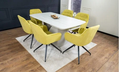 Set Masă Living Extensibilă DTM0405CS Blat Ceramic Bej cu 6 Scaune Rotative KJC4345 Muștar