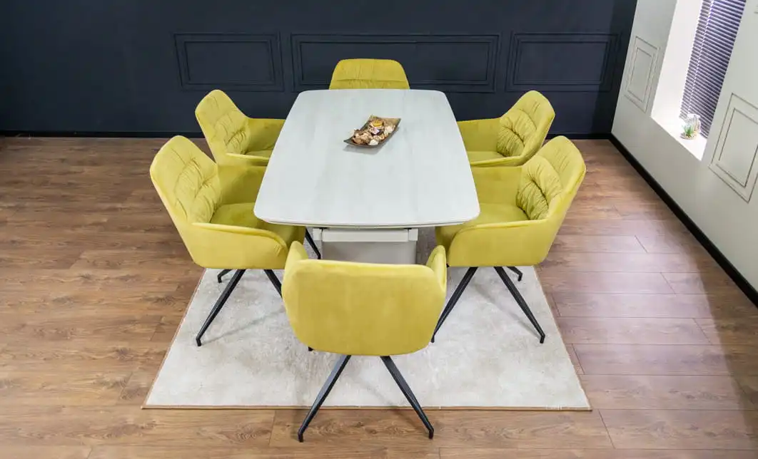Set Masă Living Extensibilă DTM0405CS Blat Ceramic Bej cu 6 Scaune Rotative KJC4345 Muștar 7